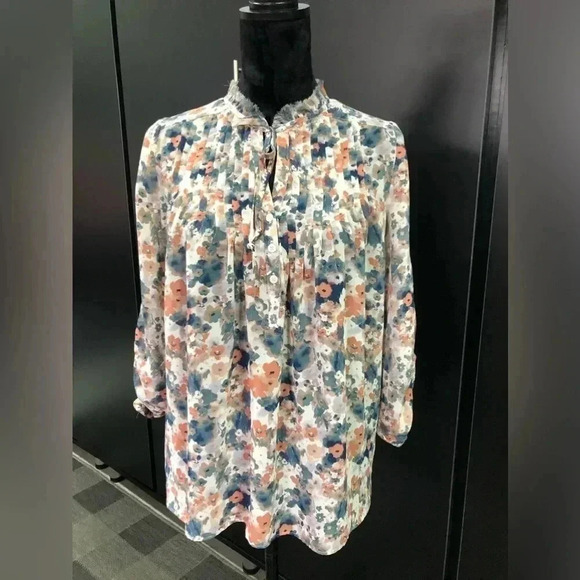 LC Lauren Conrad Sheer Floral Coral/Ivory Long Sleeve 1/2 Button Blouse - S - Picture 1 of 8